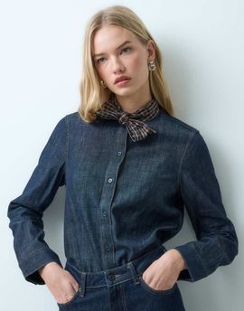 Mango Mango denim shirt with contrast tie neck-Blue