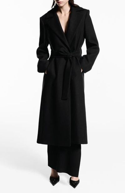 MANGO MANGO Dolce Wool Blend Wrap Coat with Removable Faux Fur Collar