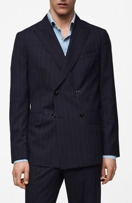 MANGO MANGO Double Breasted Pinstripe Virgin Wool Blazer