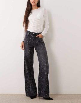 Mango Mango embellished wide leg jean in washed black