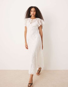 Mango Mango embroidered lace midaxi dress with cape overlay in white
