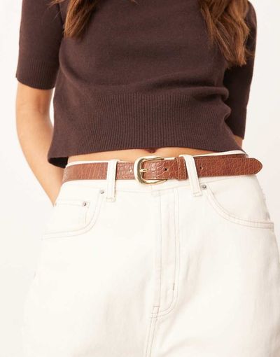 Mango Mango faux croc belt with gold tone buckle in brown
