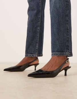 Mango Mango faux croc textured slingback kitten heels in black