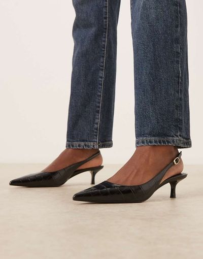 Mango Mango faux croc textured slingback kitten heels in black