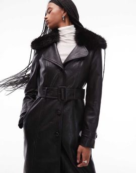 Mango Mango faux fur collar faux leather trench coat in black