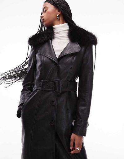 Mango Mango faux fur collar faux leather trench coat in black