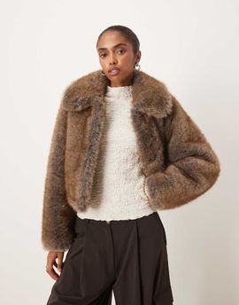 Mango Mango faux fur cropped jacket with collar detail in brown-Neutral