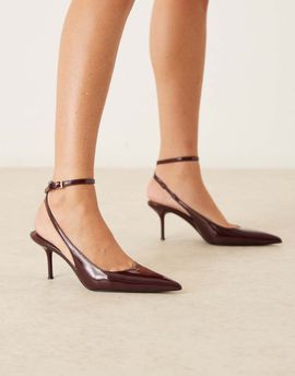 Mango Mango faux leather ankle tie pointed toe heeled slingback shoes in cherry red