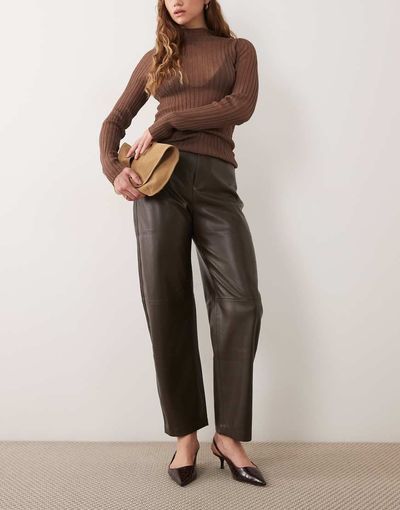 Mango Mango faux leather barrel trouser in khaki-Green
