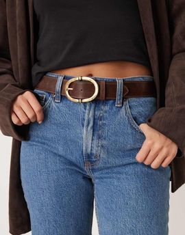 Mango Mango faux leather belt with hammered gold buckle in tan-Brown