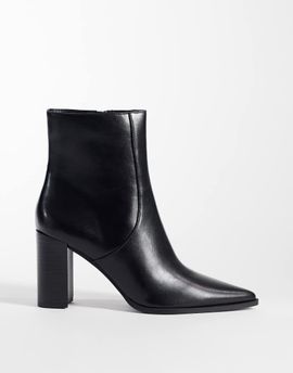 Mango Mango faux leather block heel pointed ankle boot in black