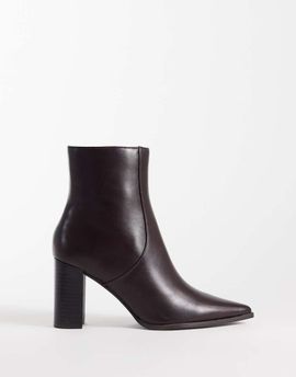 Mango Mango faux leather block heel pointed ankle boot in chocolate-Brown