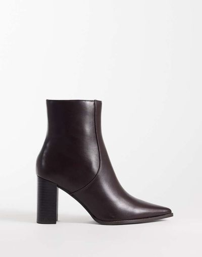 Mango Mango faux leather block heel pointed ankle boot in chocolate-Brown