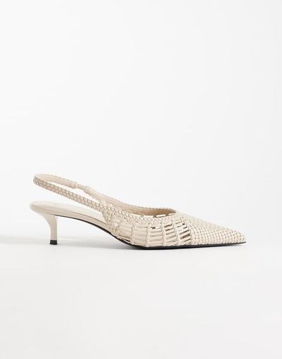 Mango Mango faux leather braided kitten heel slingbacks in beige-Neutral