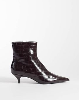 Mango Mango faux leather croc look kitten heeled ankle boot in burgundy-RED