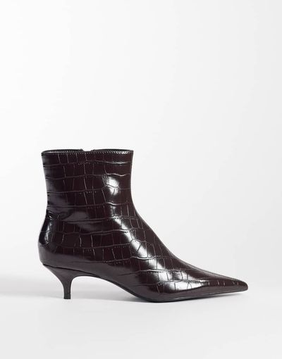 Mango Mango faux leather croc look kitten heeled ankle boot in dark burgundy-RED
