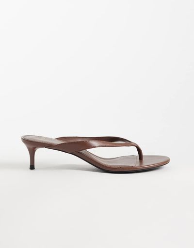 Mango Mango faux leather heeled flip flops in chocolate-Brown