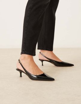 Mango Mango faux leather pointed low heeled slingback shoes in black