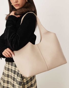 Mango Mango faux leather shopper bag in oat-Neutral