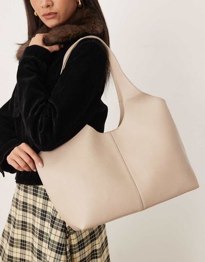 Mango Mango faux leather shopper bag in oat-Neutral