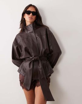 Mango Mango faux leather tie waist jacket in brown