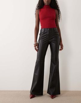 Mango Mango flared leather look pants in black