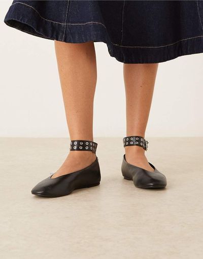 Mango Mango flat shoes with eyelet ankle strap in black