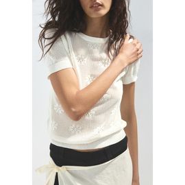 MANGO MANGO Floral Crochet Short Sleeve Sweater