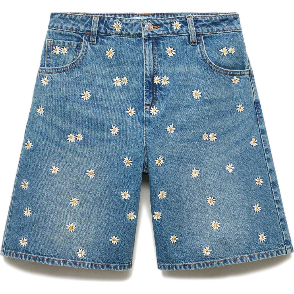 MANGO MANGO Floral Embroidered High Waist Denim Bermuda Shorts