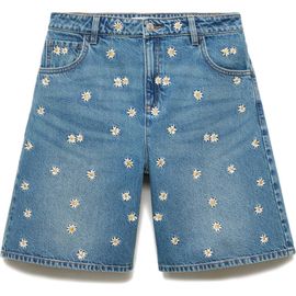 MANGO MANGO Floral Embroidered High Waist Denim Bermuda Shorts