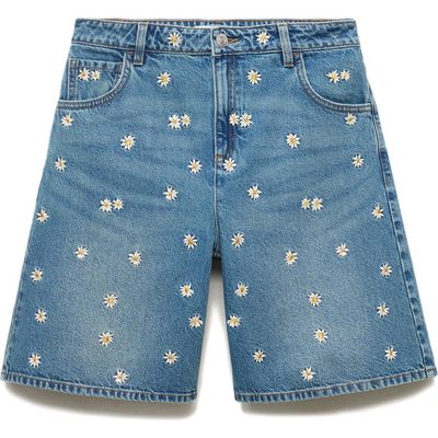 MANGO MANGO Floral Embroidered High Waist Denim Bermuda Shorts
