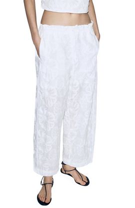 MANGO MANGO Floral Jacquard Cotton Drawstring Ankle Pants