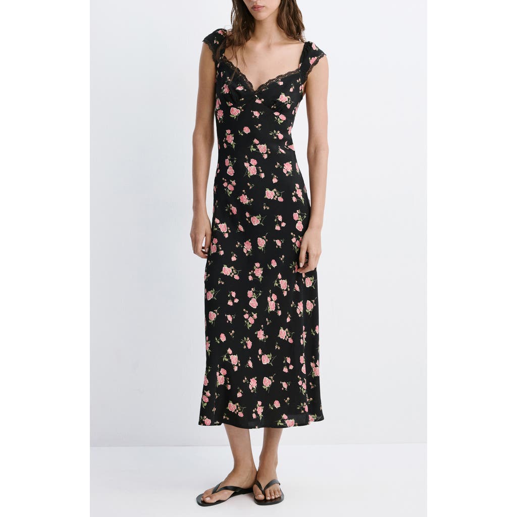 MANGO MANGO Floral Lace Trim Midi Dress