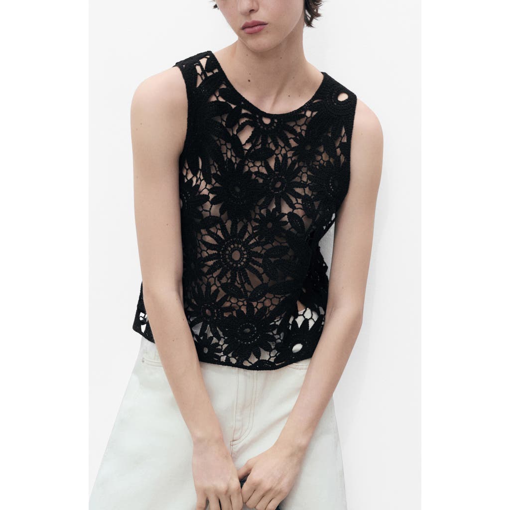 MANGO MANGO Floral Sheer Cotton Blend Lace Tank Top