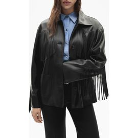 MANGO MANGO Fringe Trim Faux Leather Jacket