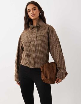 Mango Mango funnel neck bomber jacket in brown check