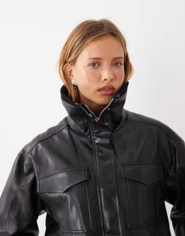 Mango Mango funnel neck cinched waist faux leather jacket in black