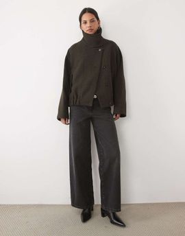 Mango Mango funnel neck short jacket in brown check