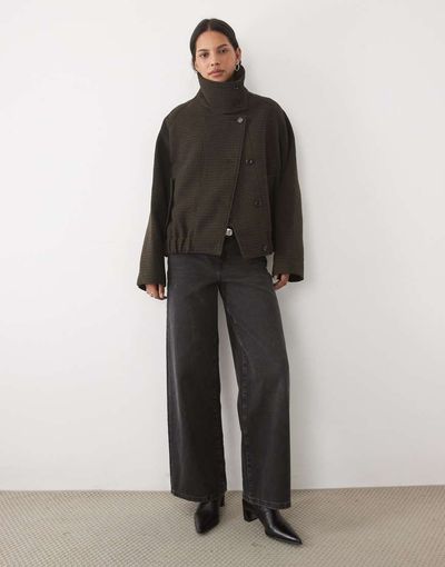 Mango Mango funnel neck short jacket in brown check