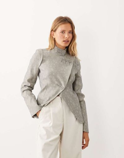 Mango Mango funnel neck statement jacket in blue floral print