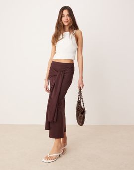 Mango Mango gathered tie waist detail skirt in dark brown