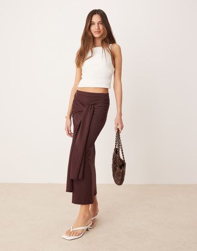 Mango Mango gathered tie waist detail skirt in dark brown