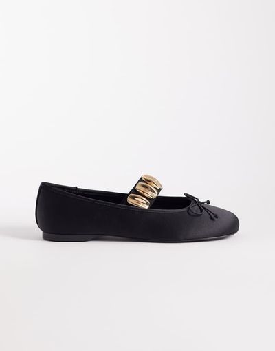 Mango Mango gold statement strap ballet pumps in black