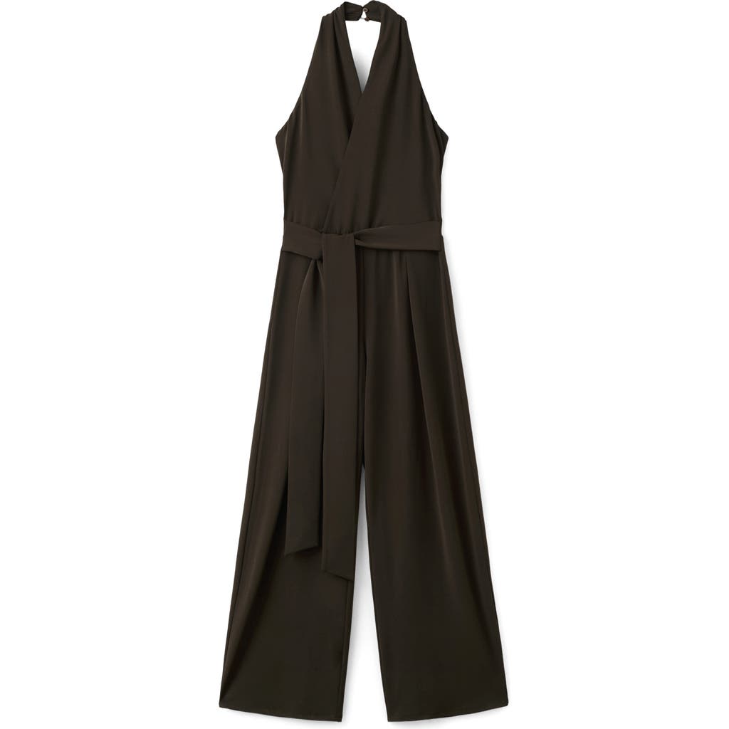 MANGO MANGO Halter Tie Waist Wide Leg Faux Wrap Jumpsuit