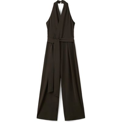 MANGO MANGO Halter Tie Waist Wide Leg Faux Wrap Jumpsuit