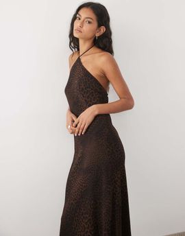 Mango Mango halterneck midi dress in leopard print-Black
