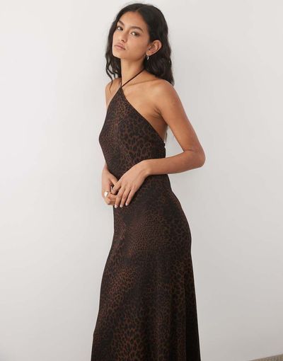 Mango Mango halterneck midi dress in leopard print-Black