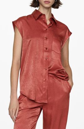 MANGO MANGO Hammered Satin Cap Sleeve Button-Up Shirt 