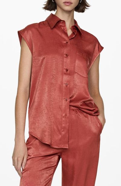 MANGO MANGO Hammered Satin Cap Sleeve Button-Up Shirt 