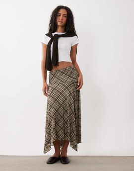 Mango Mango handkerchief hem midaxi skirt in brown plaid print